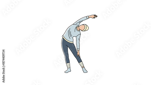 Woman stretching and bending sideways to warm up her body before a workout session in a bright indoor space