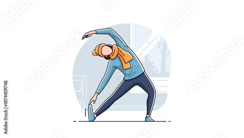 Woman Doing Winter Exercise Indoors Performing Side Stretch Routine Near Window Warm Clothing Activity