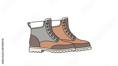 Outdoor Waterproof Walking Boots For Hiking And Adventure With Laces And Thick Soles Presented In A Clean Detailed Drawing Style On A White Background