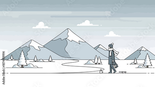 Winter Scenic Landscape With Snow Capped Mountains And Person Walking On Winding Path Through Snowy Field