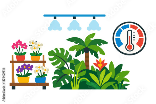 Indoor garden temperature control with tropical plants and thermometer icon