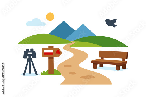 Flat landscape with hiking trail and nature elements for outdoor adventures