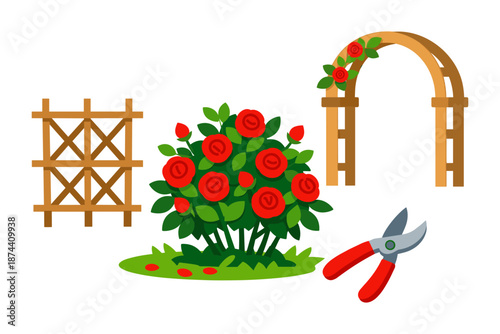 Gardening tools and structures with rose bush and arch in flat design style