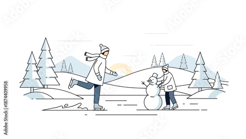 Children Enjoying Winter Activities Together Building Snowman And Ice Skating Outdoors In Snowy Landscape With Trees And Hills