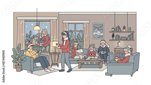 Cozy Winter Gathering Warm Family Inside Living Room Enjoying Holidays Snowing Outside Festive Atmosphere Digital Devices Leisure Time Celebration