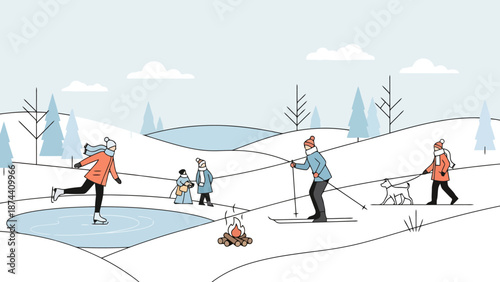 People enjoying outdoor winter activities in a snow covered landscape with trees and hills ice skating skiing and walking a dog around a campfire