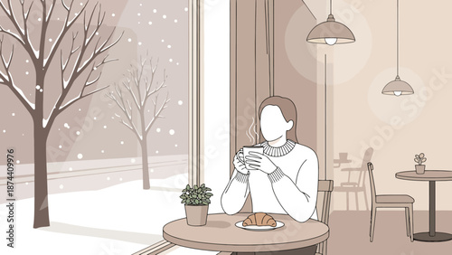Cozy coffee shop scene with steam rising from a warm drink and a pastry on a table near a window showing snowfall outside a person holding a cup
