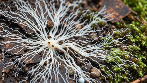 Intricate White Mycelium Network Growing on Forest Floor Amidst Moss and Bark.