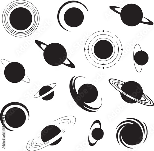 Black and white illustration of various planets with rings in solar system