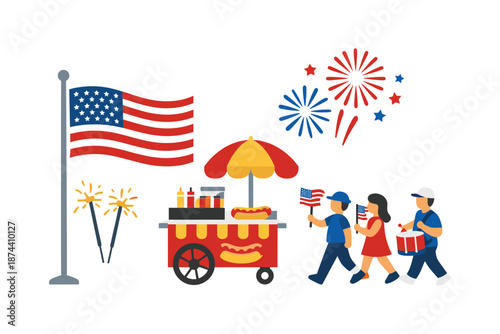 Festive fourth of july celebration with fireworks and food cart