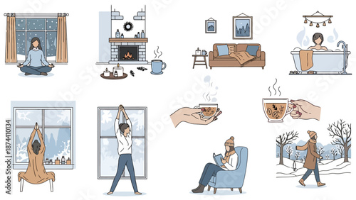 Cozy Winter Activities Collection Relaxation Indoor Outdoor Comfort and Wellness Scenes for Seasonal Lifestyle Themes