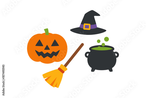 Halloween symbols: pumpkin, witch hat, broom, and cauldron in a flat design
