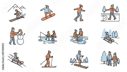 Collection of Winter Outdoor Activities and Snow Recreation Icons Featuring Skiing Skating Snowboarding and Ice Fishing Fun for Families and