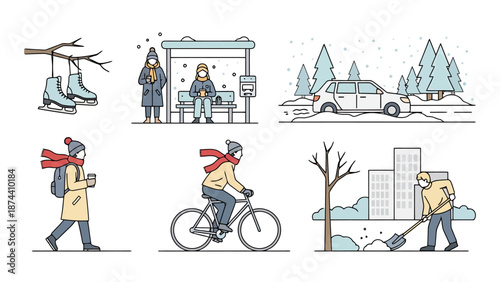 Winter Season Daily Life Scenes Including Transportation Waiting And Outdoor Activities For Modern Urban Residents