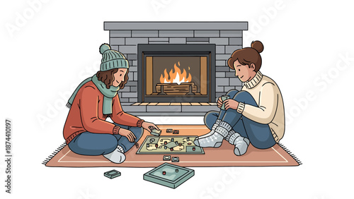 Two young women enjoying a board game by a warm fireplace playing strategy indoor leisure activity for winter cozy evening relaxation and fun