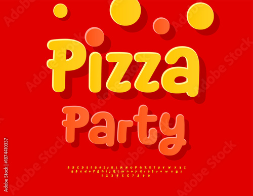 Vector Holiday invitation Pizza Party. Bright Handwritten Font. Funny Yellow Alphabet Letters and Numbers set.