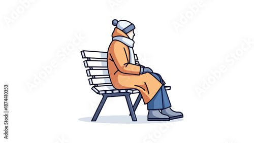 Person Wearing Warm Outerwear Sitting Alone on Park Bench Facing Away From Viewer During Cold Weather Season For Travel And Vacation