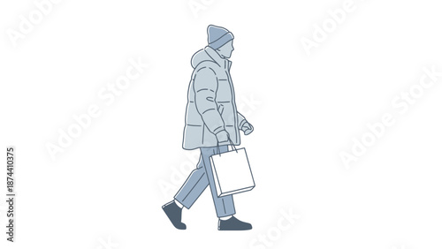 Person walking with shopping bag wearing winter clothes isolated on white background concept for retail consumption and cold weather lifestyle