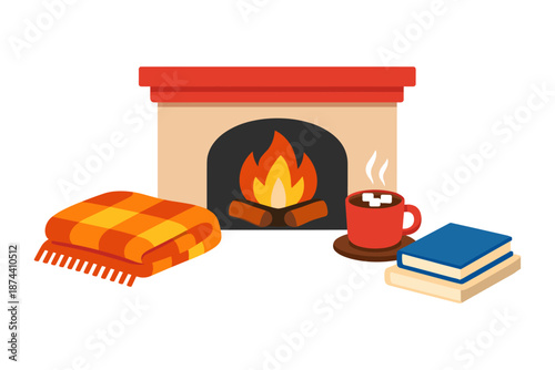 Cozy living room scene with fireplace, blanket, hot chocolate, and books