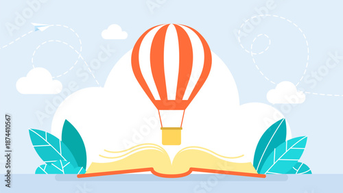 Reading, fantasy, reflection. Opened book and balloon. Adventure books. Pages are opened in an interesting plot spot. Hot air balloon books. Vector illustration