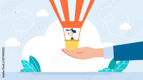 Business woman in air balloon with a telescope.  A businesswoman in hot air ballon standing on giant palm and looking through telescope. Business concept. Husband support. Vector illustration