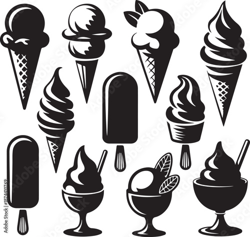 black and white illustrations of various ice cream cones and frozen treats