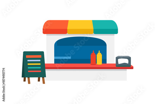 Colorful food stall with menu board and condiments in flat style on white background