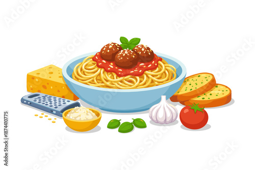 Delicious italian pasta with meatballs and cheese on white background