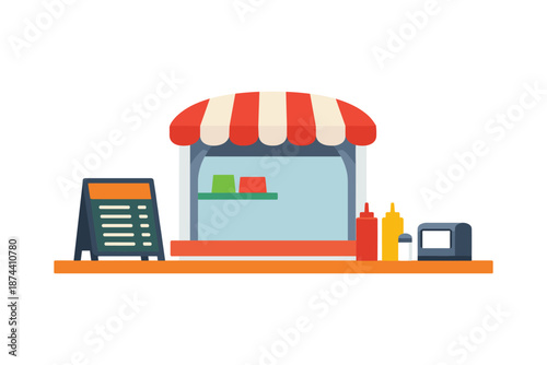 Street food kiosk with menu board and condiments in flat design