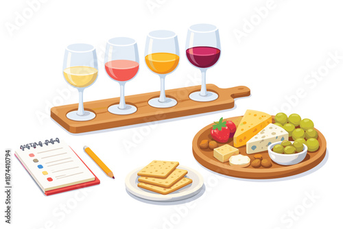 Elegant wine and cheese tasting setup with assorted cheeses and wine glasses
