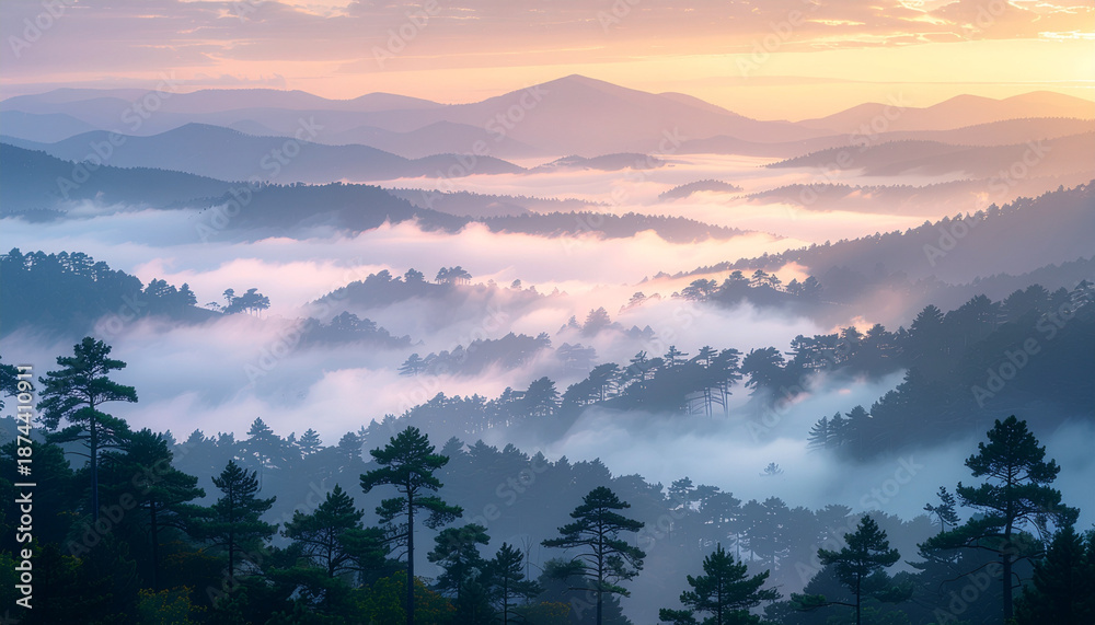 Obraz premium A serene mountain landscape with fog rolling in at sunrise or sunset
