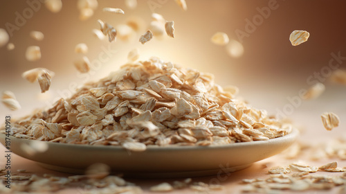 A detailed scene capturing nourishing breakfast buffet: a mix of quaker oats, rolled oats, corn flakes, egusi, pumpkin seeds, barley, and a selection of grains on the table