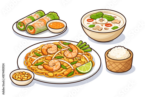 Traditional thai cuisine featuring pad thai, spring rolls, and coconut soup