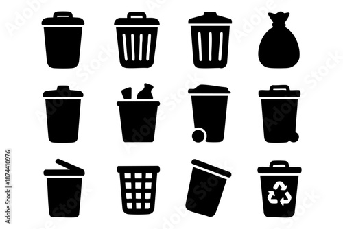 Black and white trash and recycling bin icon set in hand drawn outline silhouette style