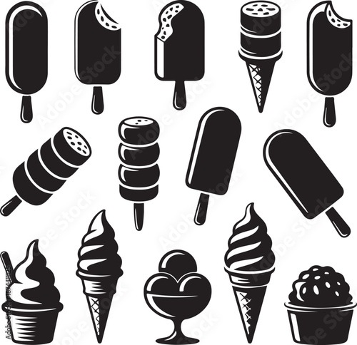 black and white illustrations of various ice cream types and flavors