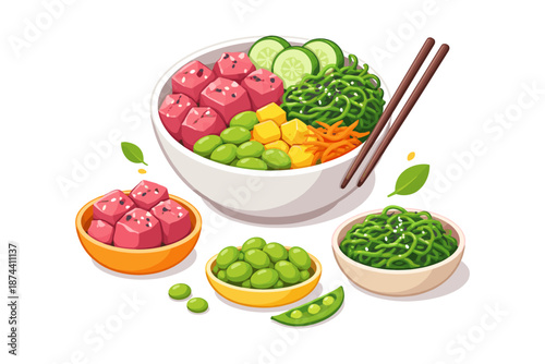Delicious poke bowl with fresh toppings and wooden chopsticks on a white background