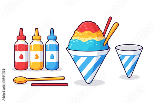 Colorful shaved ice treat with flavor syrups and accessories on white background