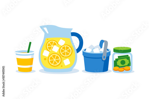 Summer lemonade stand essentials: refreshing drink pitcher, ice bucket, and cash tip jar