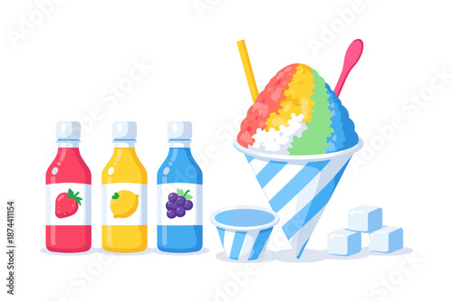 Colorful shaved ice with syrup bottles and ice cubes on white background