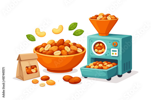 Nut processing machine with cashews and almonds in vibrant colorful design