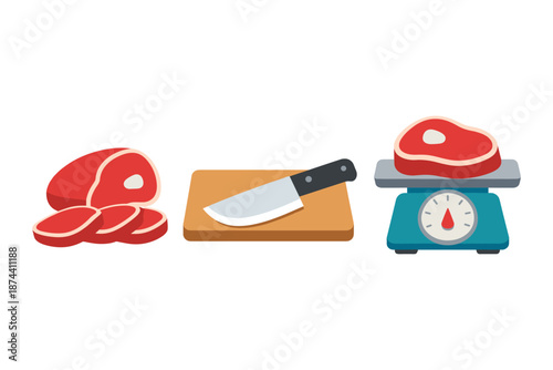 Flat design meat preparation tools with steak, cutting board, and kitchen scale