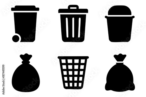 Black and white trash and recycling bin icon set in hand drawn outline silhouette style