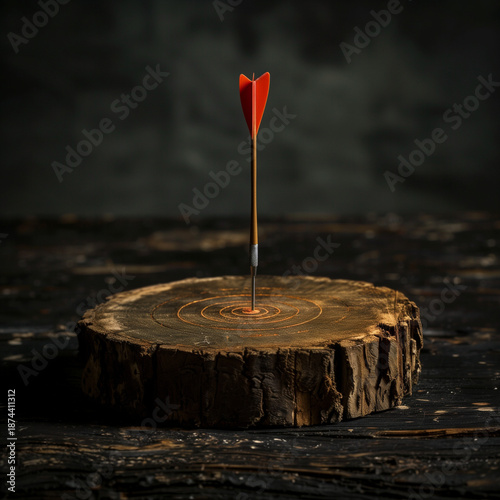 Red Arrow Hitting Center of Wooden Target on Dark Background