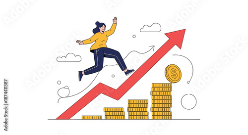 Energetic woman running up a rising red arrow over stacks of golden coins representing financial growth, success, and wealth.
