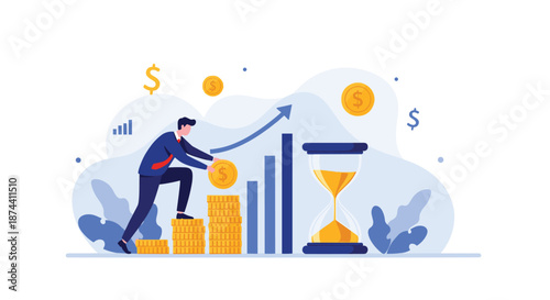 Businessman building a stack of golden coins on a rising bar graph next to a large hourglass representing time and financial growth.