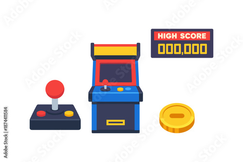 Retro arcade game elements with joystick, game machine, and high score display