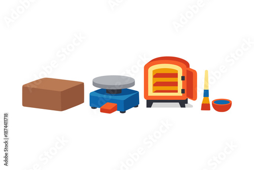 Pottery craft tools collection: clay, wheel, kiln, brush, bowl in flat design