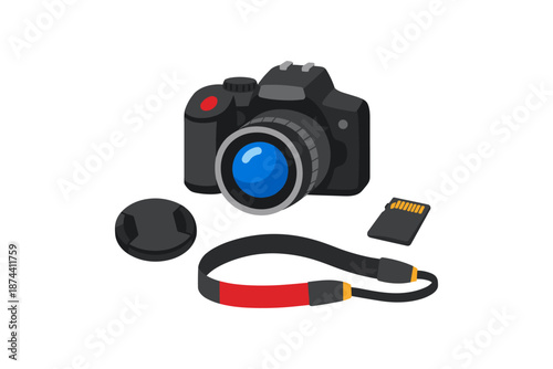 Digital camera with lens cap, strap, and memory card on white background