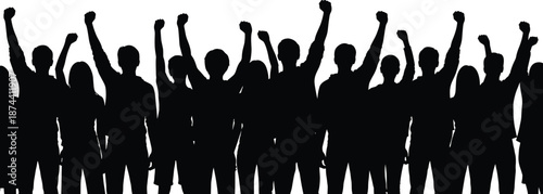 Protest crowd silhouettes raising fists in unity, people demonstration activism concept, social movement power solidarity resistance, vector illustration, graphic design poster