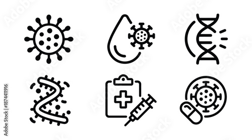 Set of black and white line icons representing various aspects of virology and medical science